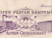 Az Erste Ofen-Pester Dampfmühlen számlájának fejléce a társaság malmainak képével. Forrás: Magyar Kereskedelmi és Vendéglátóipari Múzeum